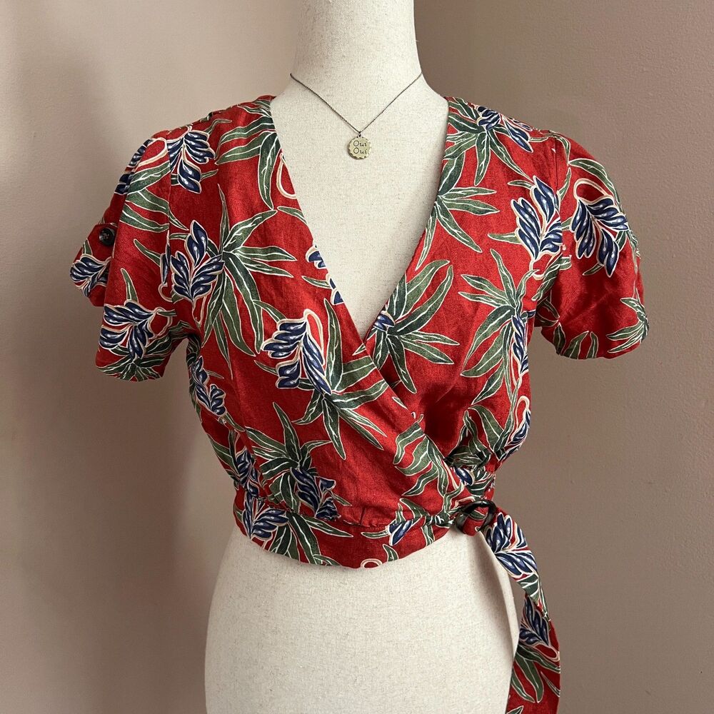 Moon River Tropical Floral Wrap Crop Top Red Linen Blend Anthro S Flawed‎